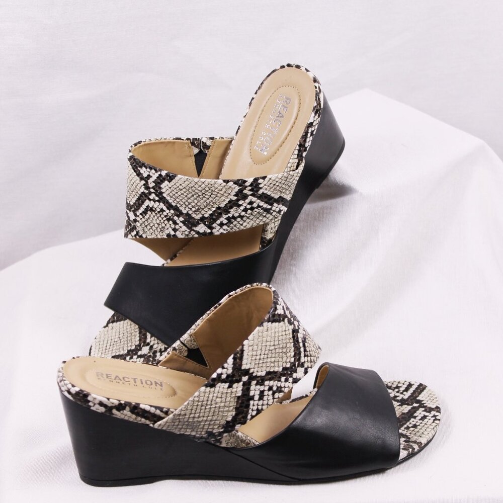 Reaction Kenneth Cole Women's 10 Wedge slide on snake skin and black shoe.